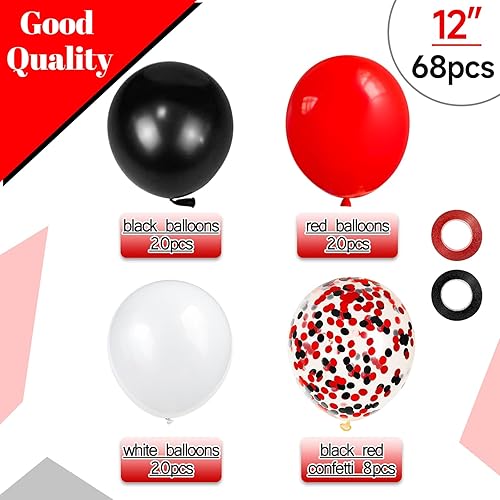 Miniatura 2 de 68 globos de látex rojos, negros y blancos de 12 pulgadas con globos de confeti negro y rojo para cumpleaños, bodas, baby shower, fiesta de tarjetas