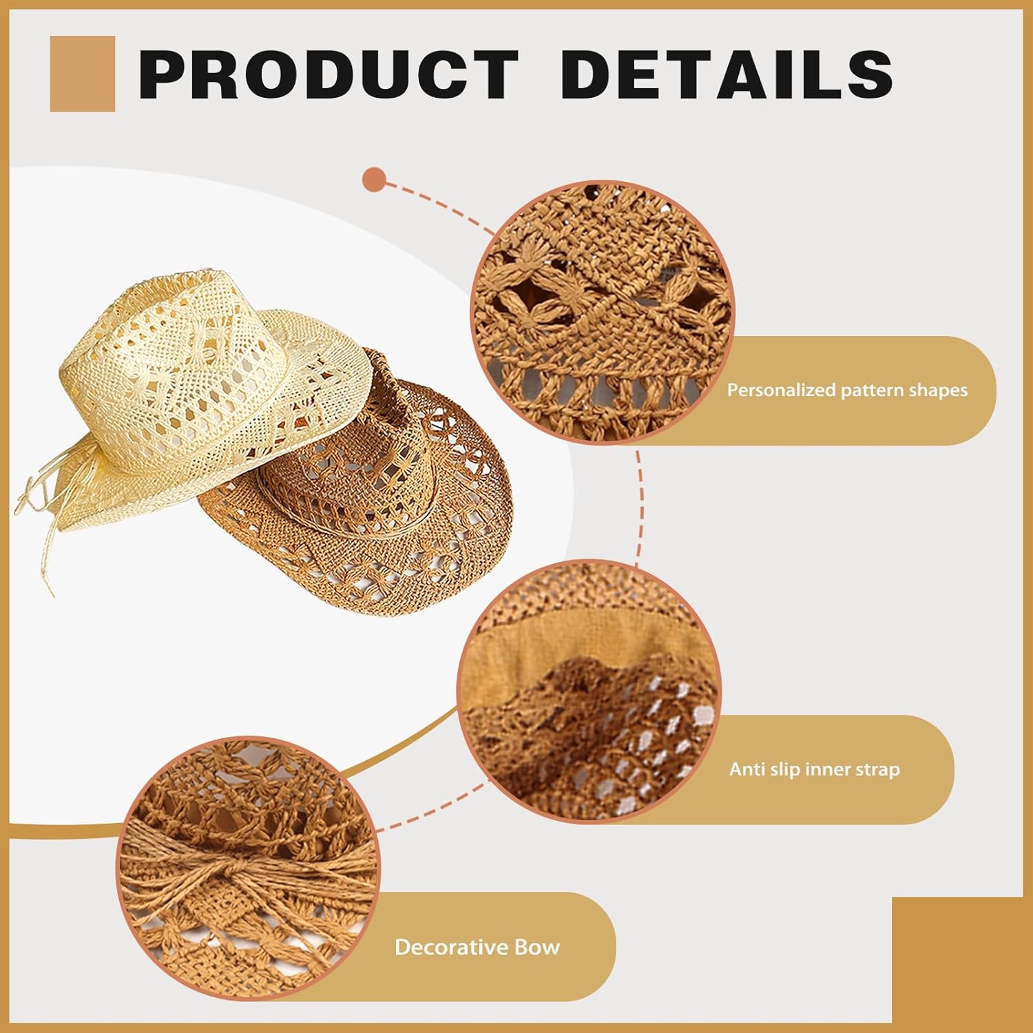 Straw Cowboy Hats for Women Men Western Cowgirl Hat Foldable Wide Brim Cowboy Hat Travel Vacation Beach Sun Hats - Image 3