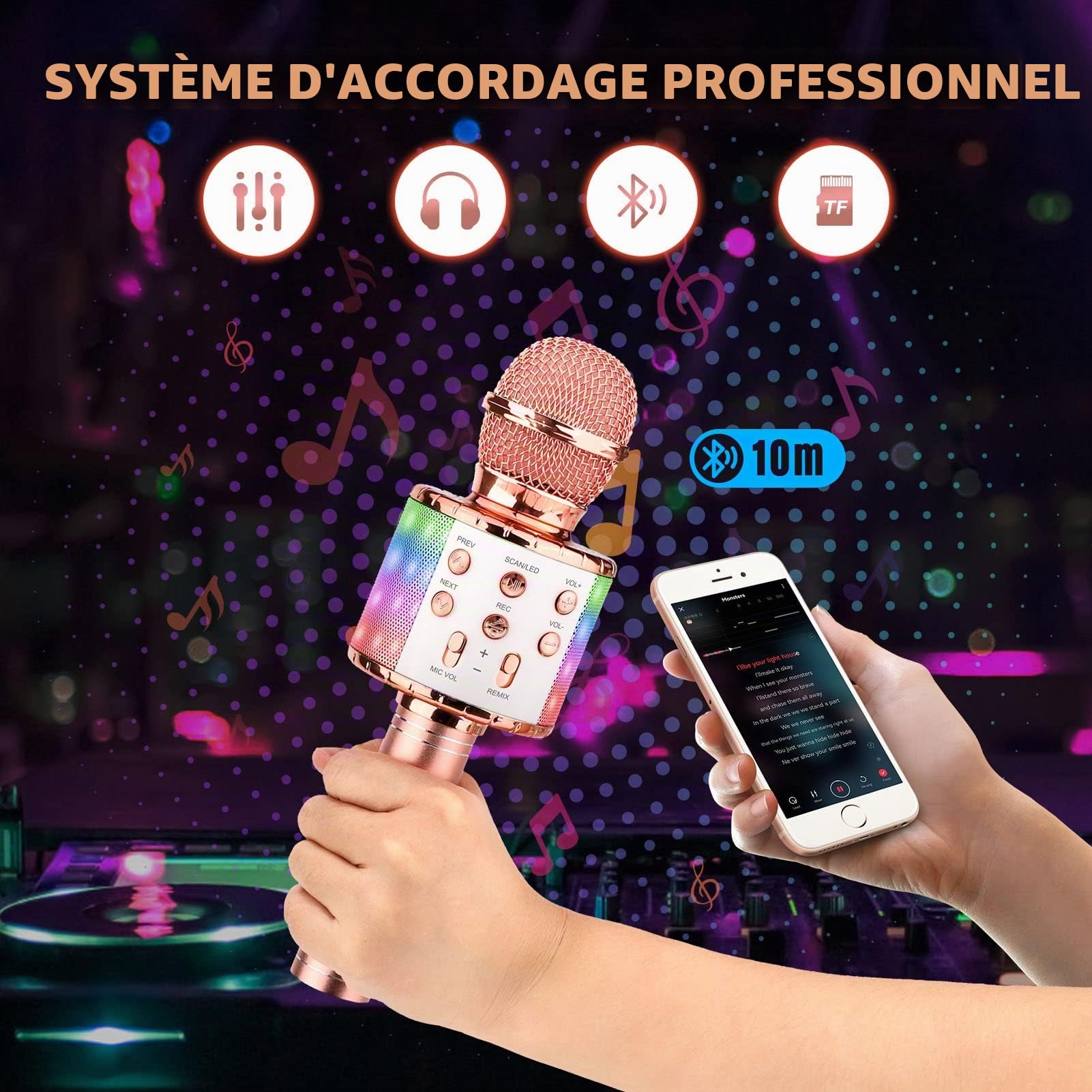 ShinePick Microphone Karaoke sans Fil, Micro Karaoké Bluetooth Portable avec LED Lumière Disco pour Enfants/Adultes Chanter, Compatible avec Android/iOS/PC/Smartphone (Or Rose)