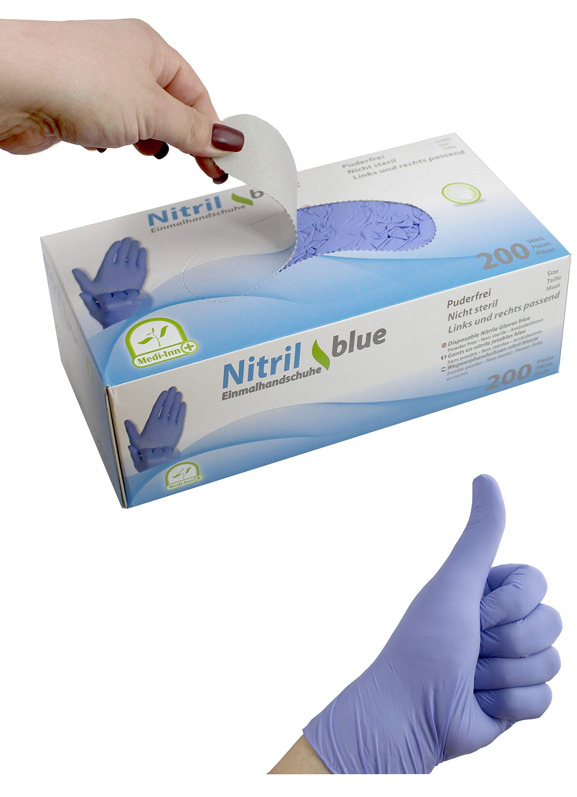 Medi-Inn Nitrilhandschuhe 200 Stück blau, Einweghandschuhe, Einmalhandschuhe, Untersuchungshandschuhe, Nitril Handschuhe, puderfrei, latexfrei (1 Box L, blau) Gewerbe, Industrie & Wissenschaft