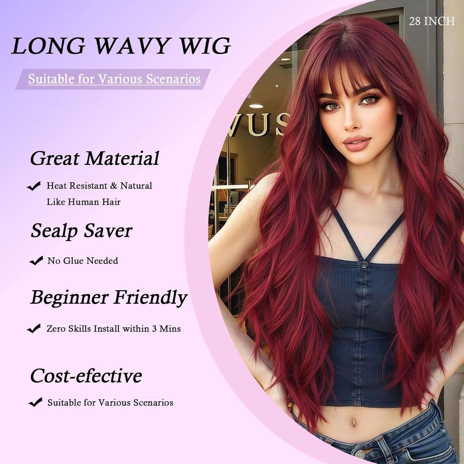 Burgundy Wig, Long Wavy Wig with Bangs, Glueless Wig Natural Hairline, Ready to Wear for Work Party Daily Use Beginner Friendly