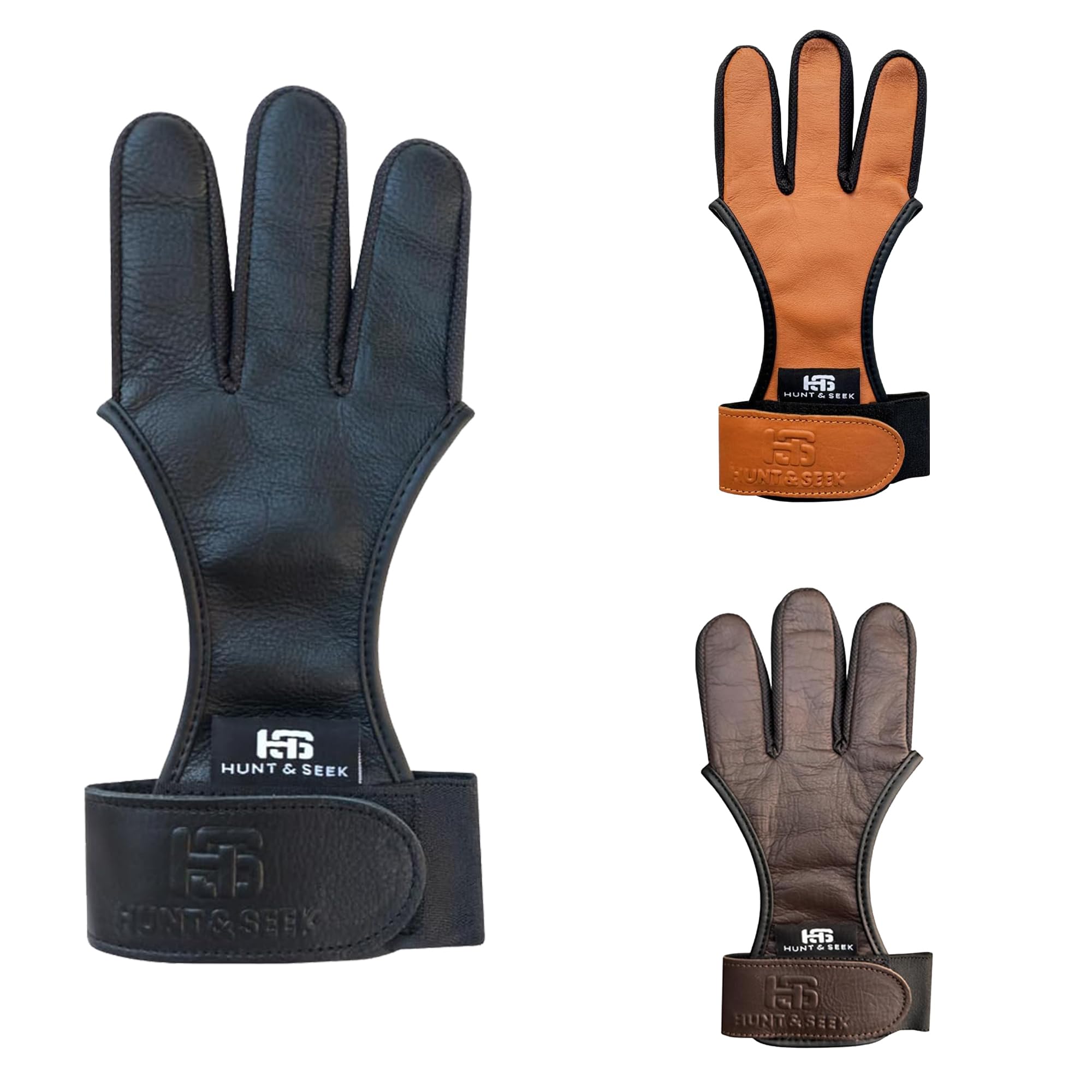 Hunt & Seek Black Cowhide Thick Three Finger Archery Shooting Gloves for Olympic & Compound Bow - Finger Tab Accessory (Medium)