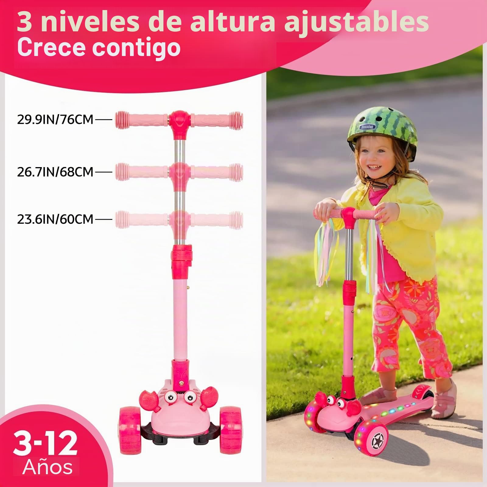 Patinete Niño 2-En-1, Asiento, Ruedas LED, Manillar Ajustable, Anti-Vuelco