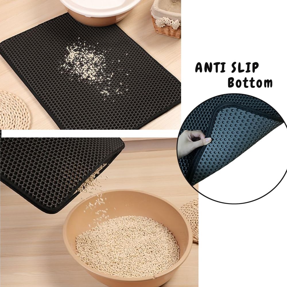 Cat Litter Mat, Honeycomb Double Layer Litter Trapping Mat, 18" x 24" Kitten Litter Box Pad, Waterproof Urine Proof, Washable Easy Clean (Black)