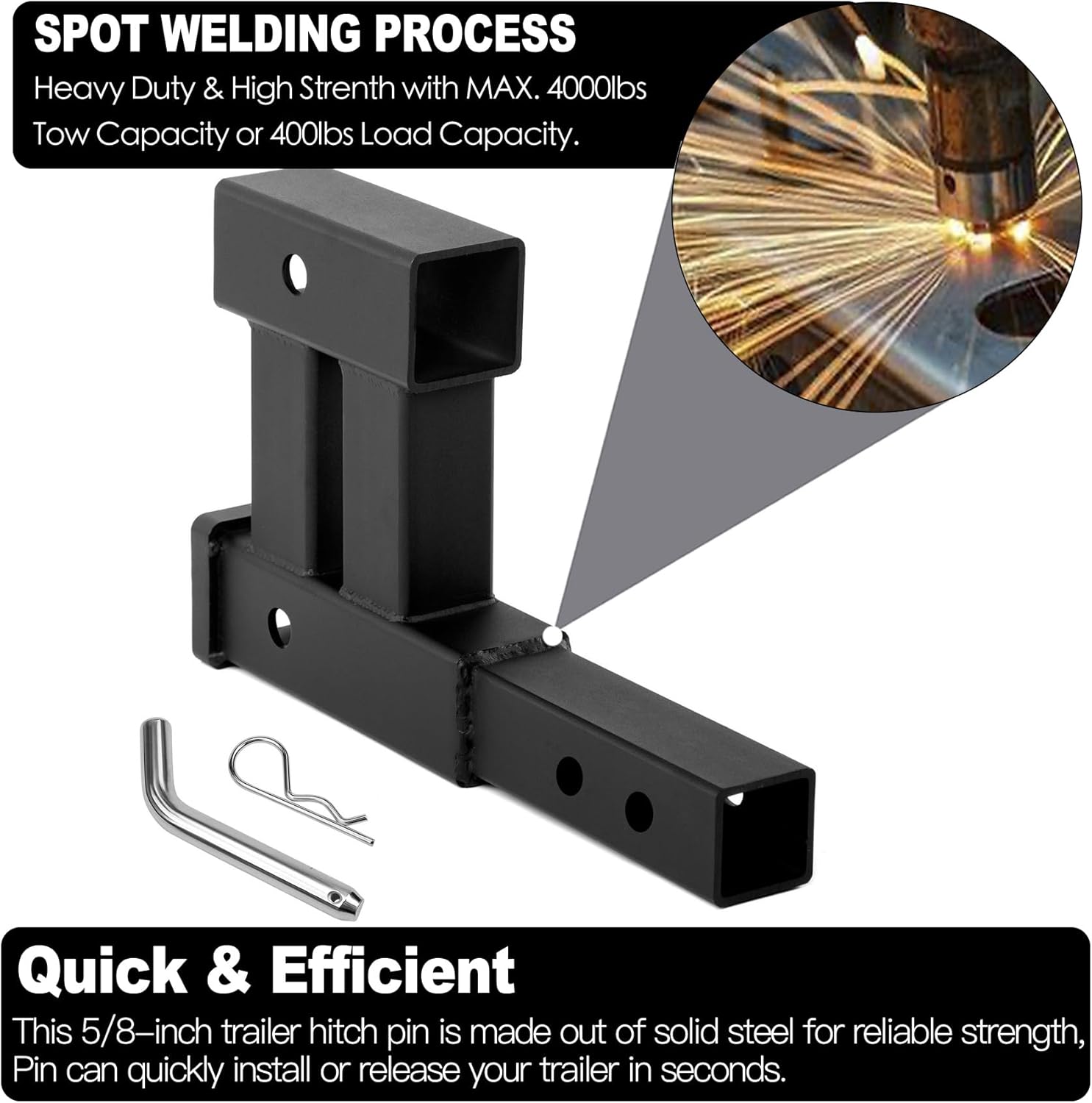 Taelakeni 4000lbs Dual Hitch Extension Receiver Double Trailer Hitch Extender Riser Adapter, 8-10 INCH Extension Length, Fits for 2" Trailer Receivers, Come with 5/8" Hitch pin, 6 Inch Rise or Drop