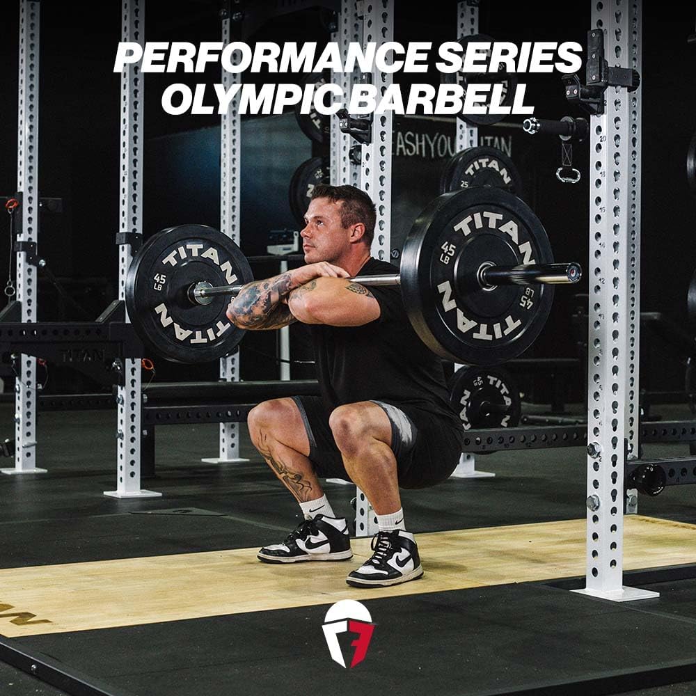 Titan Fitness Performance Series 20 KG Olympic Bar, 700 LB Capacity, 28mm Shaft, Chrome Finish, Bronze Bushings and Precision Medium Volcanic Knurling, Olympic Strength Training Barbell