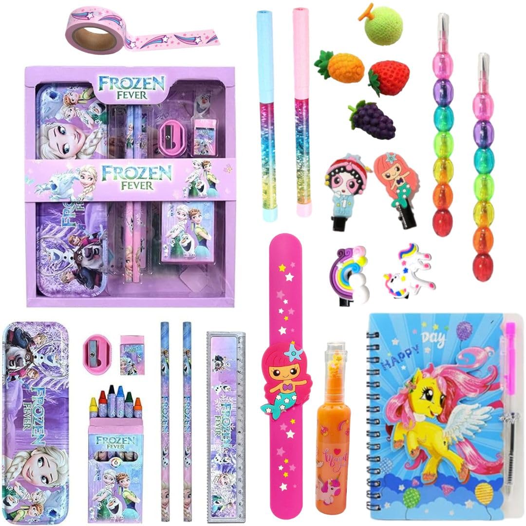 Prezzie Villa 24 Pieces Frozen School Supplies Bundle, Pencils, Highlighter, Washi Tape, Hair Clips, Crayons, Sharpener, Return Gift Combo Set for Girls (B0D4DPYYCQ) Amazon Price History, Amazon Price Tracker