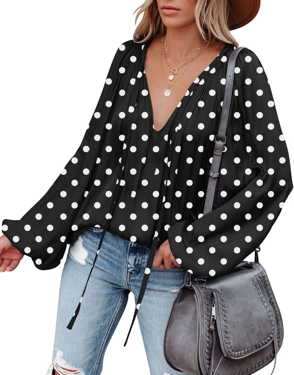 LAMISSCHE Womens Sexy Deep V Neck Blouse Lantern Long Sleeve Chiffon Shirt Oversized Drawstring Silk Satin Tunic