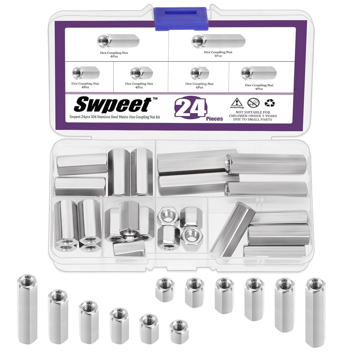 Swpeet 24Pcs 6 Sizes Metric M6 X 1.0-Pitch X 10mm/15mm/20mm/25mm/30mm/40mm Length 304 Stainless Steel Hex Rod Connector Nuts Coupling Nuts Assortment Kit, Female Thread for Camera Pan, Lamp Bracket