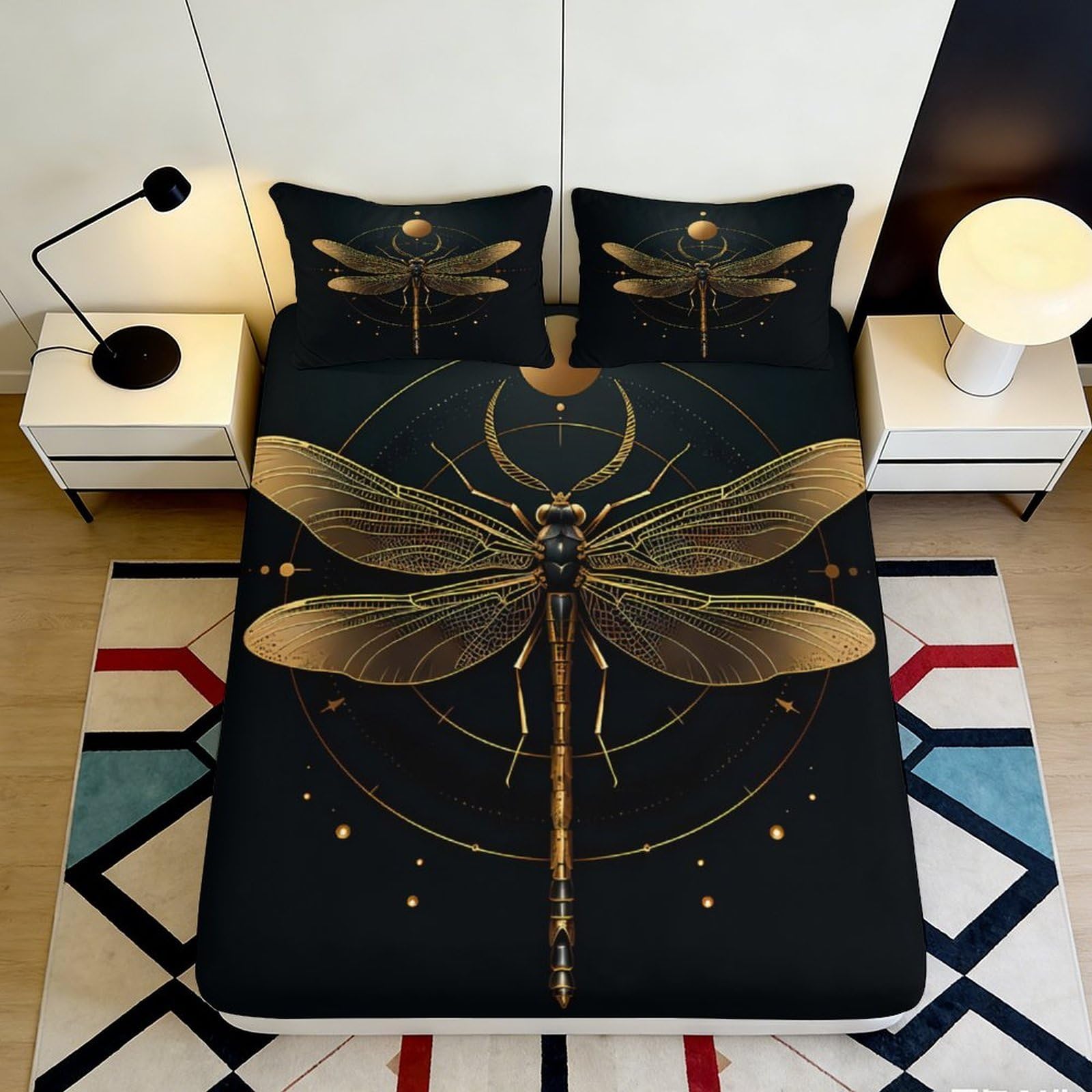 3D Printed Golden Dragonfly Fitted Sheet Microfiber Soft Black Insect Art Mattress Cover for Bedroom Guest Room Decor 120x200x25cm