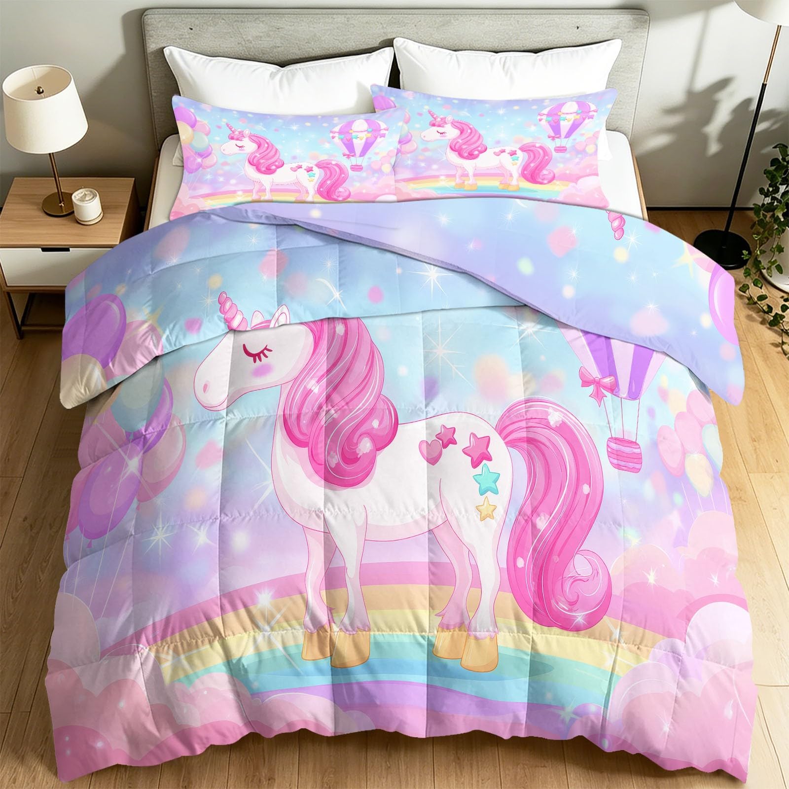 Piumino estivo per letto matrimoniale, stampa magica con unicorno e stelle, 4,5 tog, imbottitura da 200 g/m², leggero e delicato sulla pelle, lavabile in lavatrice, per camera da letto delle ragazze