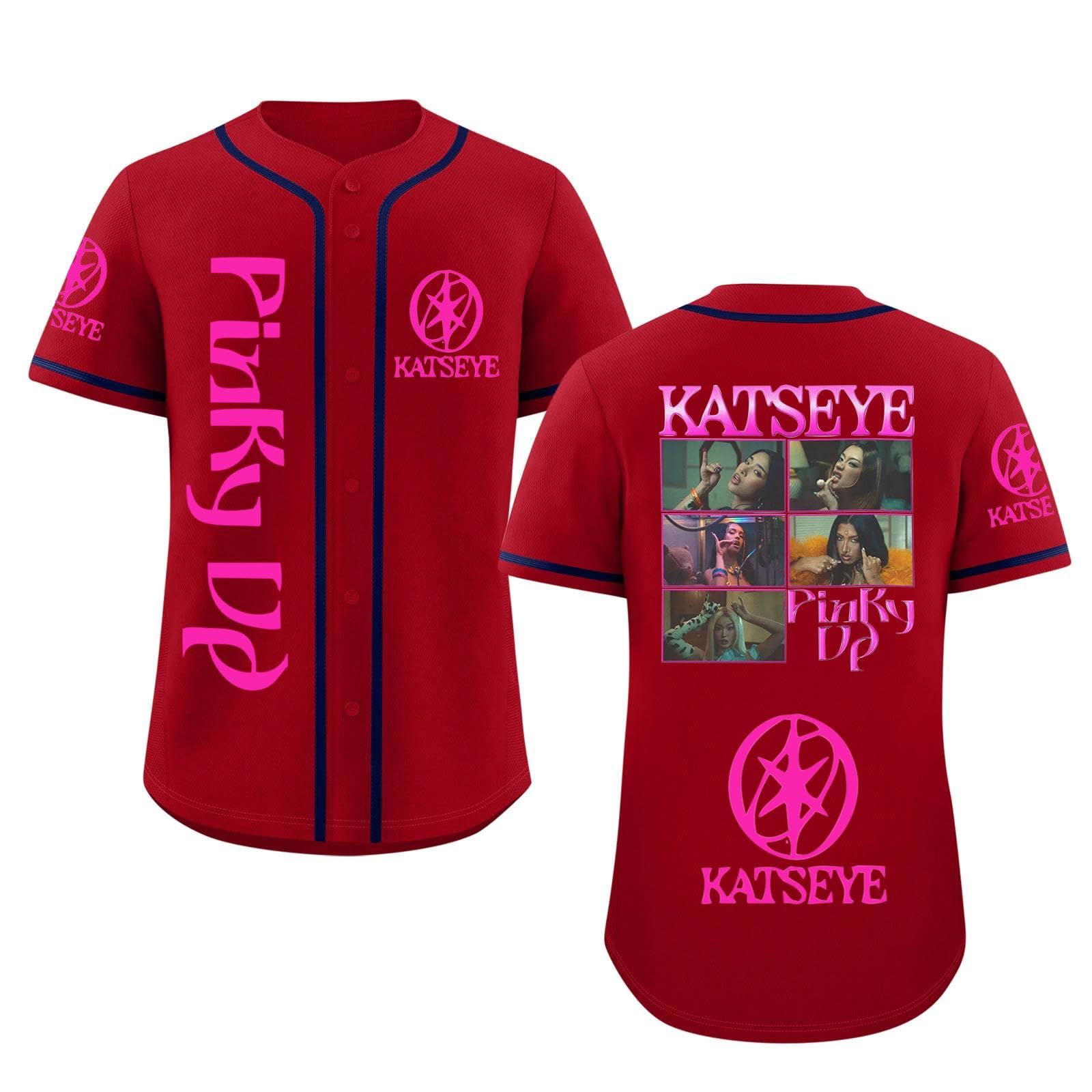 Katseye Tshirt Beautiful Chaos Album Pinky up Baseball Jersey Short Sleeve Button Down Casual Hip Hop Katseye Merch Baseball Jersey for Fans Men Women 04-Red XXL