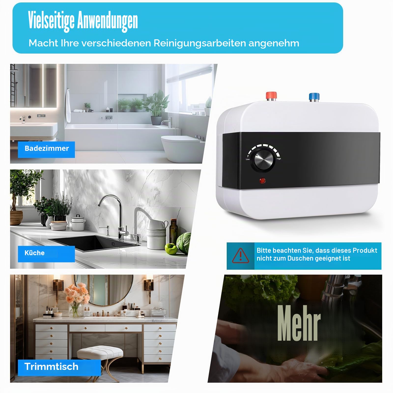 6L Untertischboiler Druckfester Warmwasserspeicher, 1500w Boiler Untertisch 30-65°C Einstellbare Temperatur Boiler, Untertischboiler mit Wärmeschutzzustand für Küchen, Badezimmer