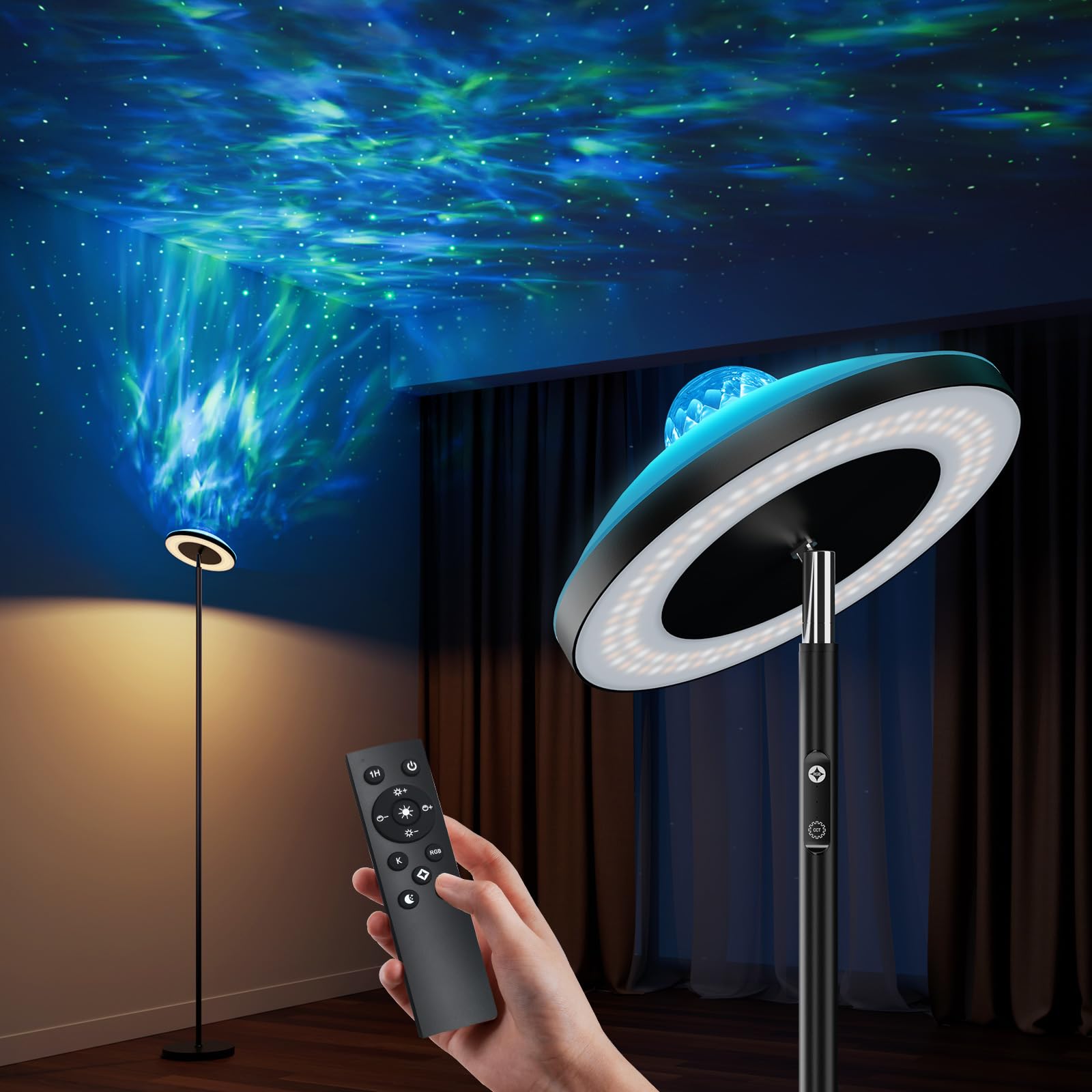 DUSKTEC Deckenfluter Stehlampe RGB mit Fernbedienung, Sternenhimmel Projektor, LED Stehleuchte Dimmbar mit Leselamp Timer, Warm- & Kaltweiß, Floor Lamp Schwarz für Kinderzimmer Schlafzimmer Wohnzimmer