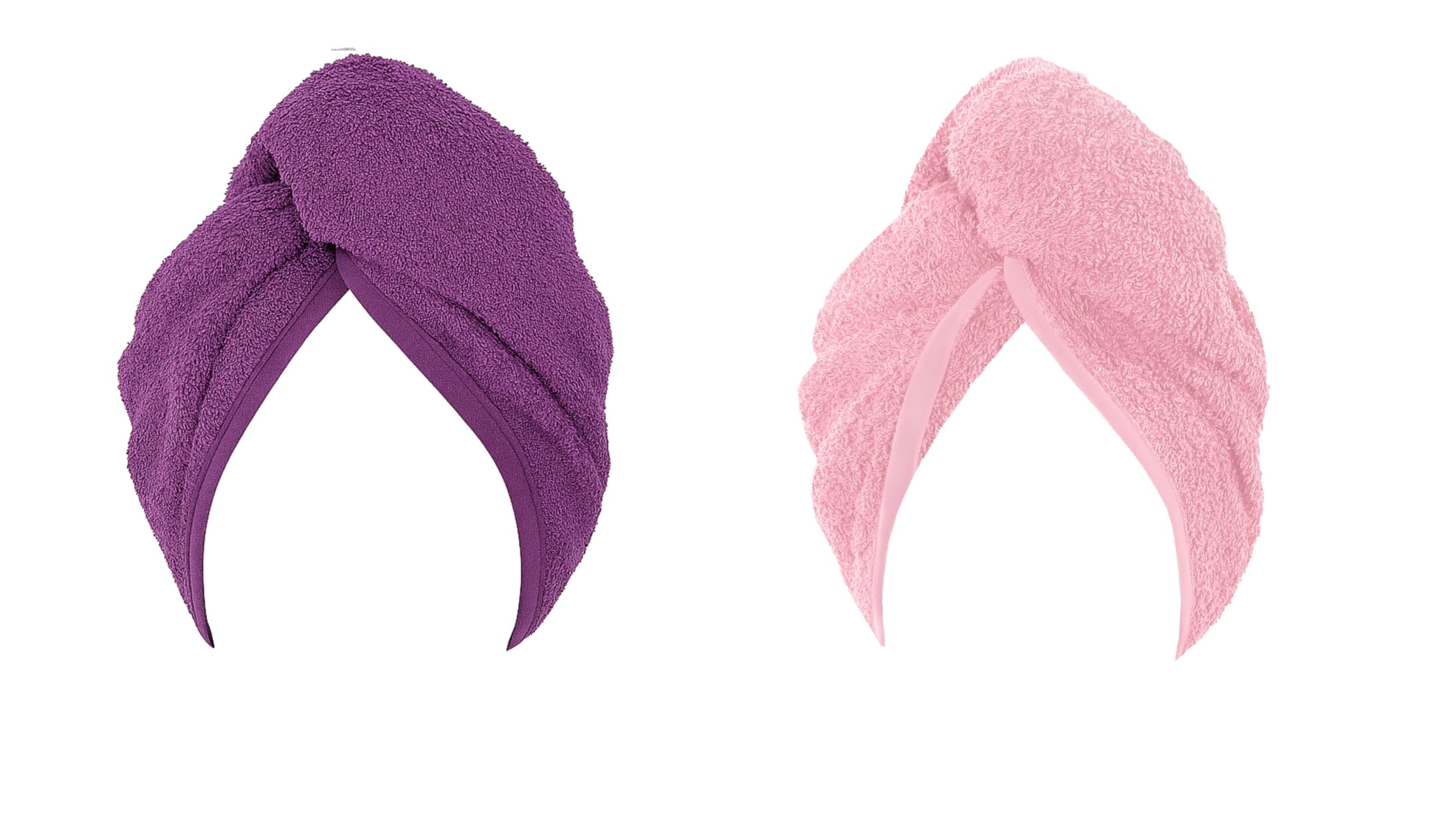KAM LABELZ Pack of 2 Hair Drying Cotton Soft Terry Towel Turban| Quick Dry Hair Cap, Twist Wrap with Loop & Button|Spa Gym Fizz Free Long Hair Drying (1Pink & 1Purple)