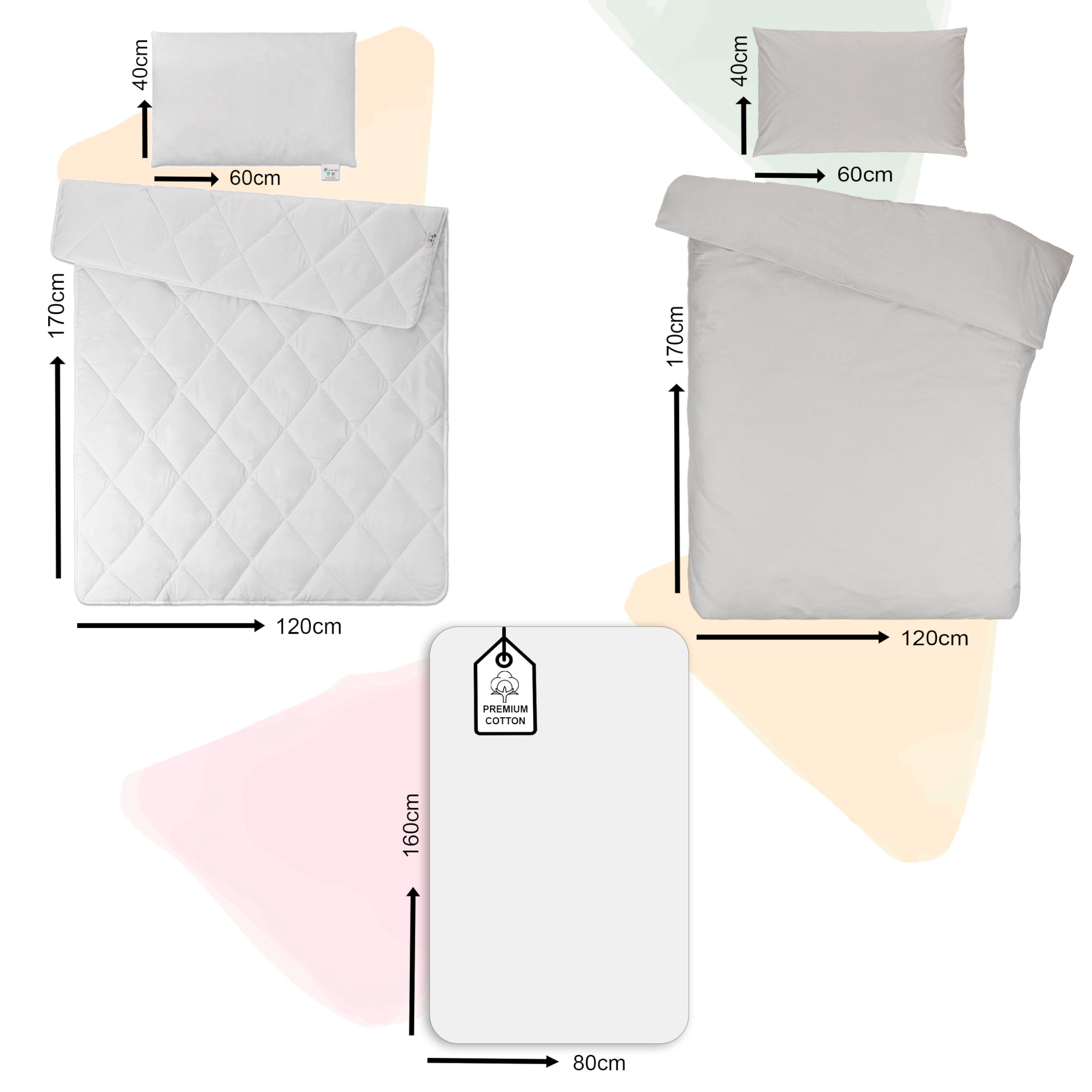Drap Housse 80x160 (100% Coton) + Couette + Housse de Couette 120x170cm + Oreiller + Taie Oreiller 40x60cm - Parure 80x160 pour Lit Cabane (Blanc/Gris, Parure 80x160 cm (5 pièces))