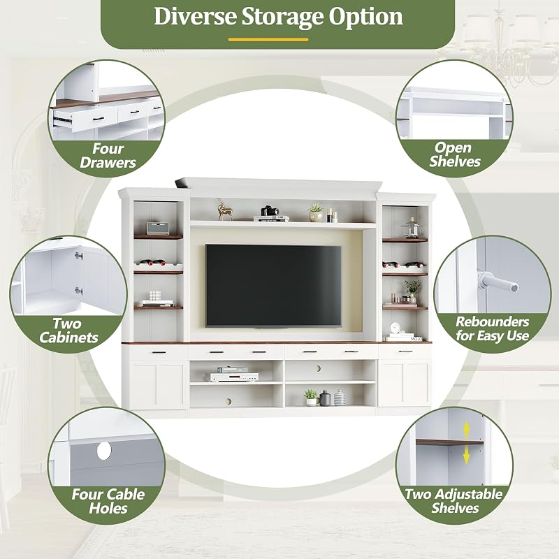 Merax Modern 4 Piece TV Stands with Bookshelf & Wine Rack for Televisions Up to 70'', Wood Large Entertainment Center w/Storage Cabinets, Media Console for Living Room Bedroom, White image 5