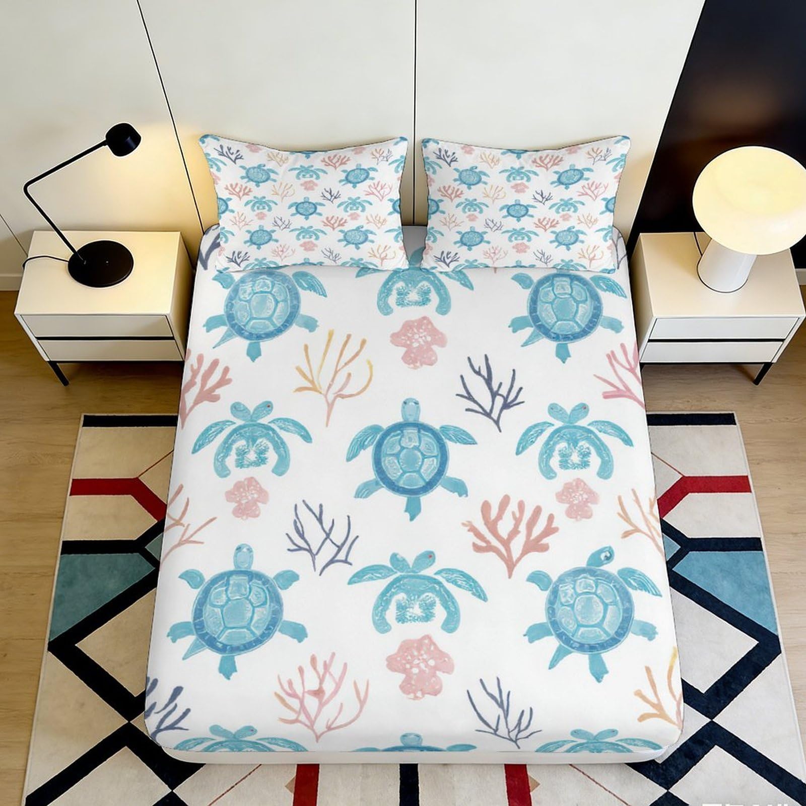 3D Printed Sea Turtle Fitted Sheet Microfiber Soft Breathable Coral Mattress Cover for Bedroom Dorm Decor 90x200x25cm