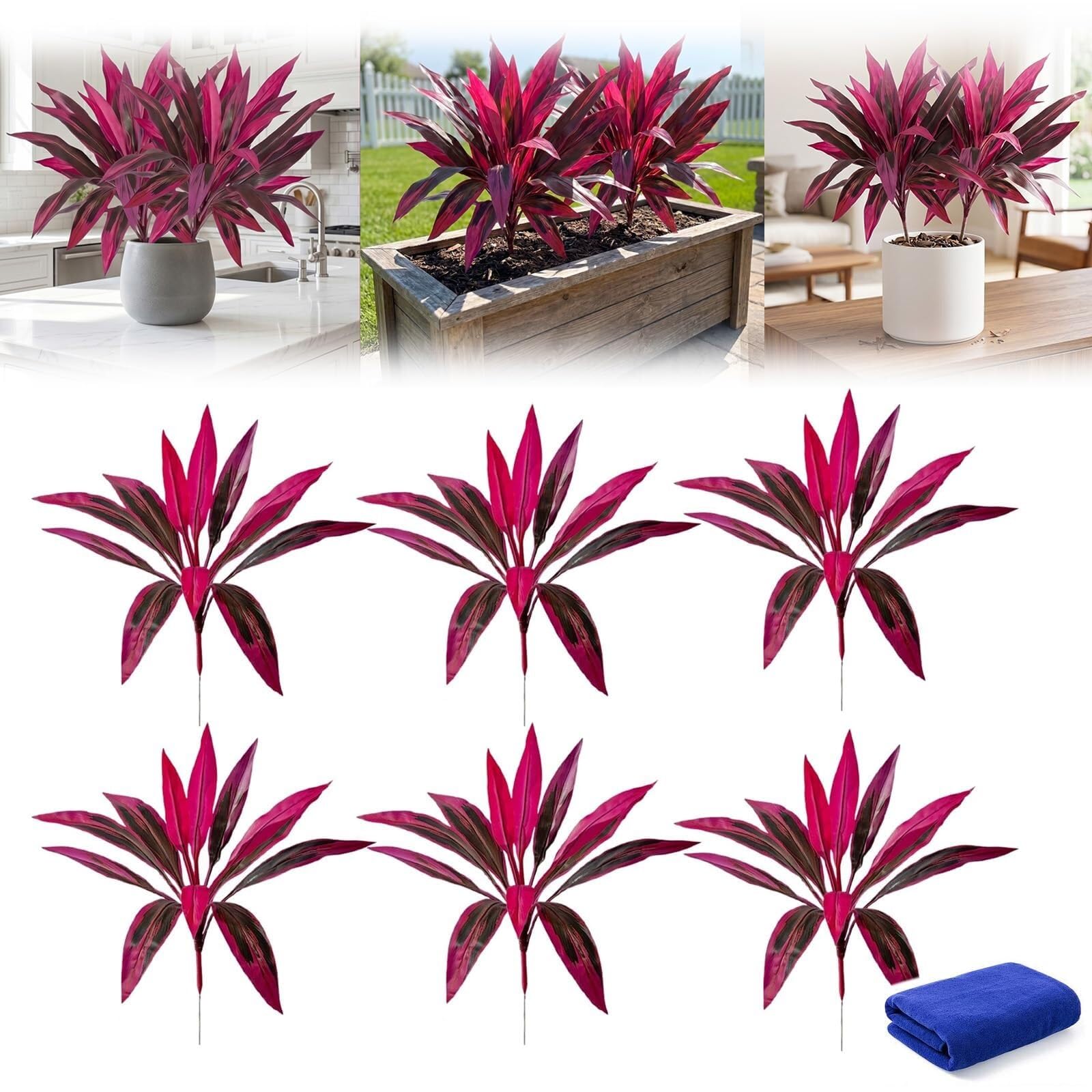 LCPKUTTR 2Pcs Large Artificial Boston Fern Dragon’s Blood Tree Plants, Resistant Boston Ferns Artificial Plants Outdoor Vibrant Pink Purple Faux Tropical Plant R0G612(Red 6 Pcs)