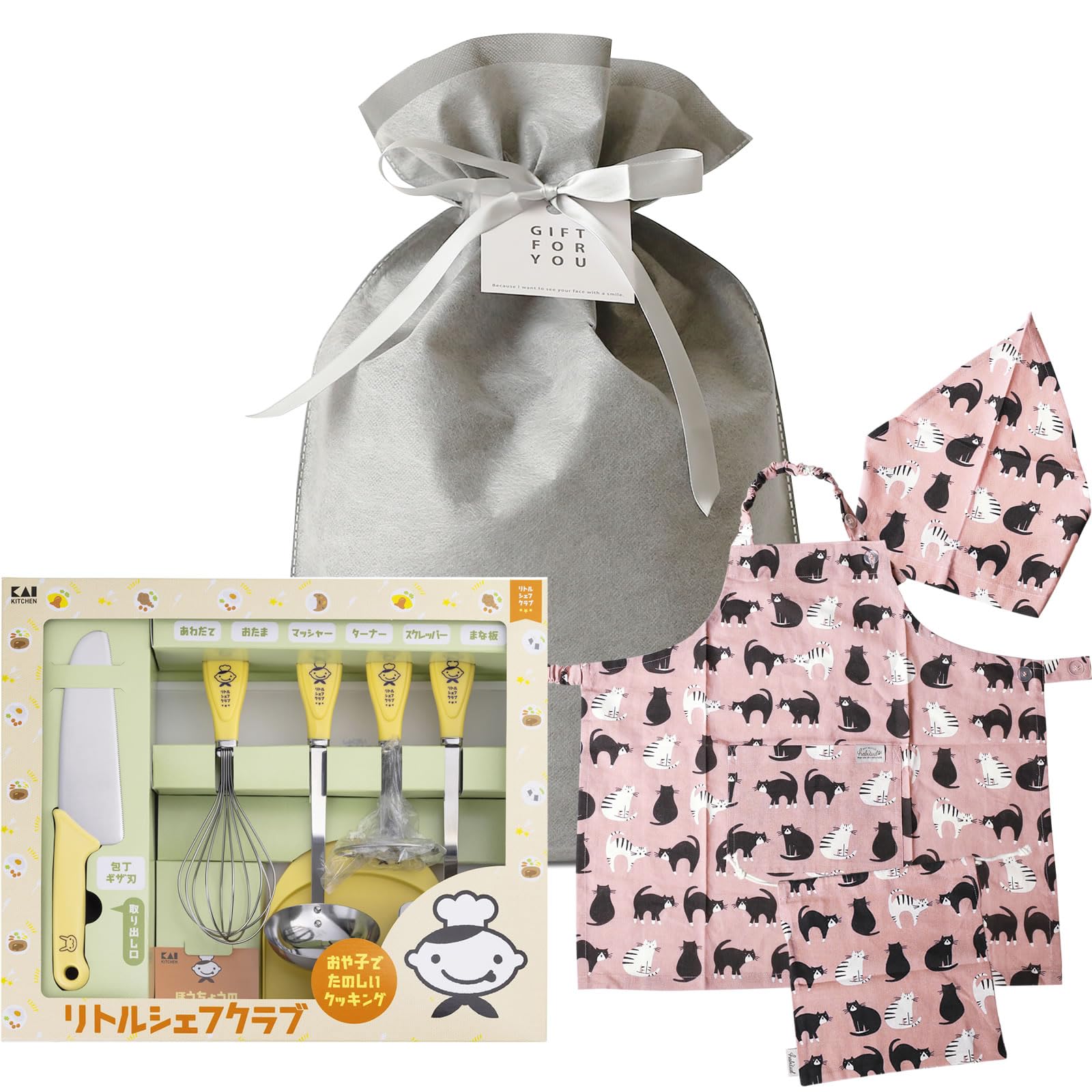 Zakka Lab RC-5064 Gift Kai Little Chef Club Basic Tool Set with Children's Apron Original RC-5064 | Children's Knife, 3 Years Old, Children, Cooking, First Time, Practice, Cooking, Kitchen, Help, 誕生日 Apron Color: Pink (with drawstring)