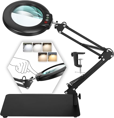 Drdefi 10 lupas con luz y soporte, lámpara de escritorio LED 2 en 1 con abrazadera, 5 modos de color regulables continuos, lupa iluminada, manos