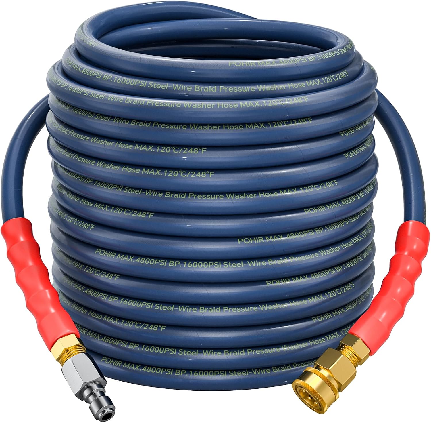 3/8'' Pressure Washer Hose 50FT Non Marking 4800psi with Quick Connect, Power Washing Hose Kink Resistant Steel Wire Braided, Upgraded 4-Layer Structure Commercial&Home Use for Clean Car Yard Garden