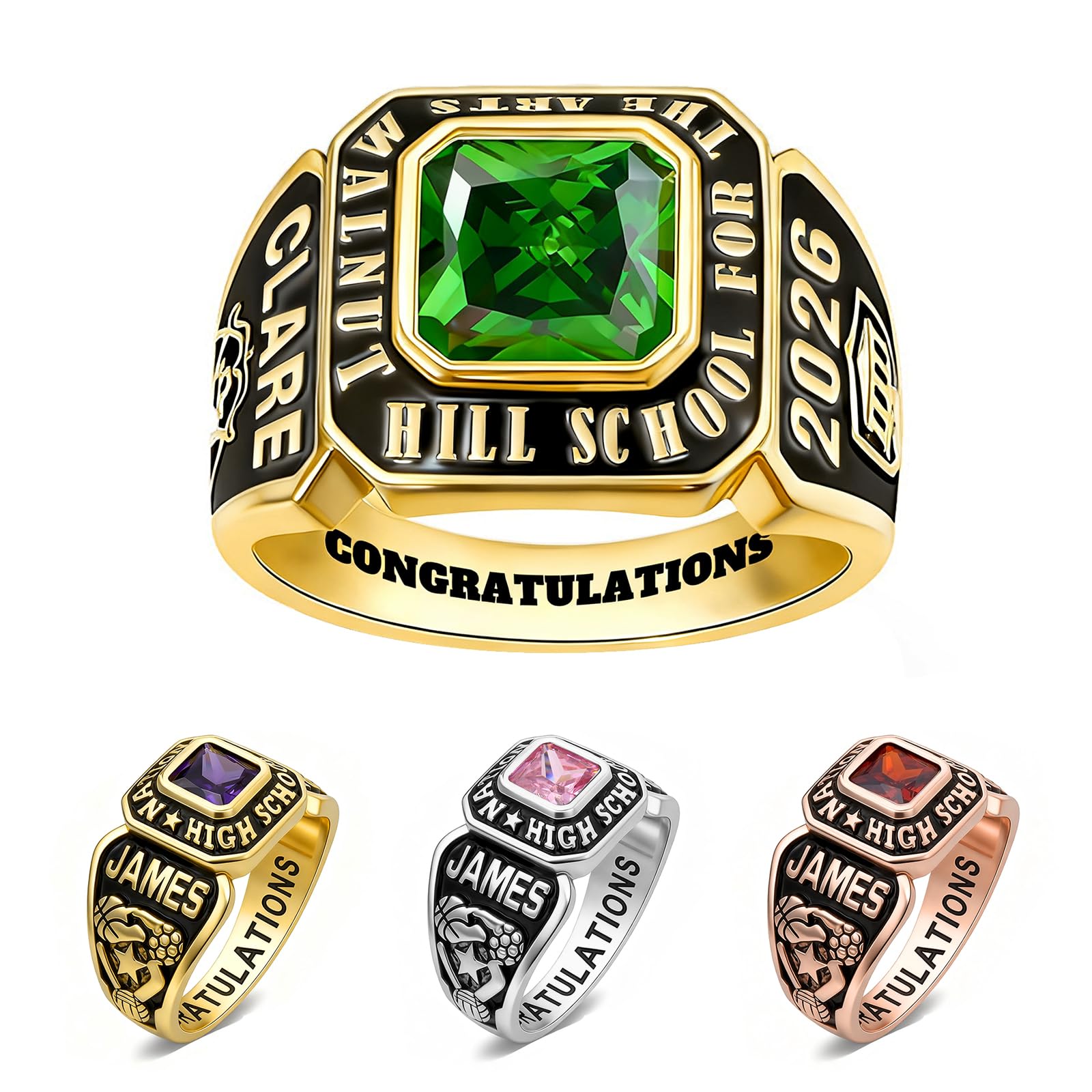 Custom High School Class Ring for Women Men, 925 Sterling Silver Personalized Graduation Ring with Name, School, Year & Birthstone, Inside Engraving,