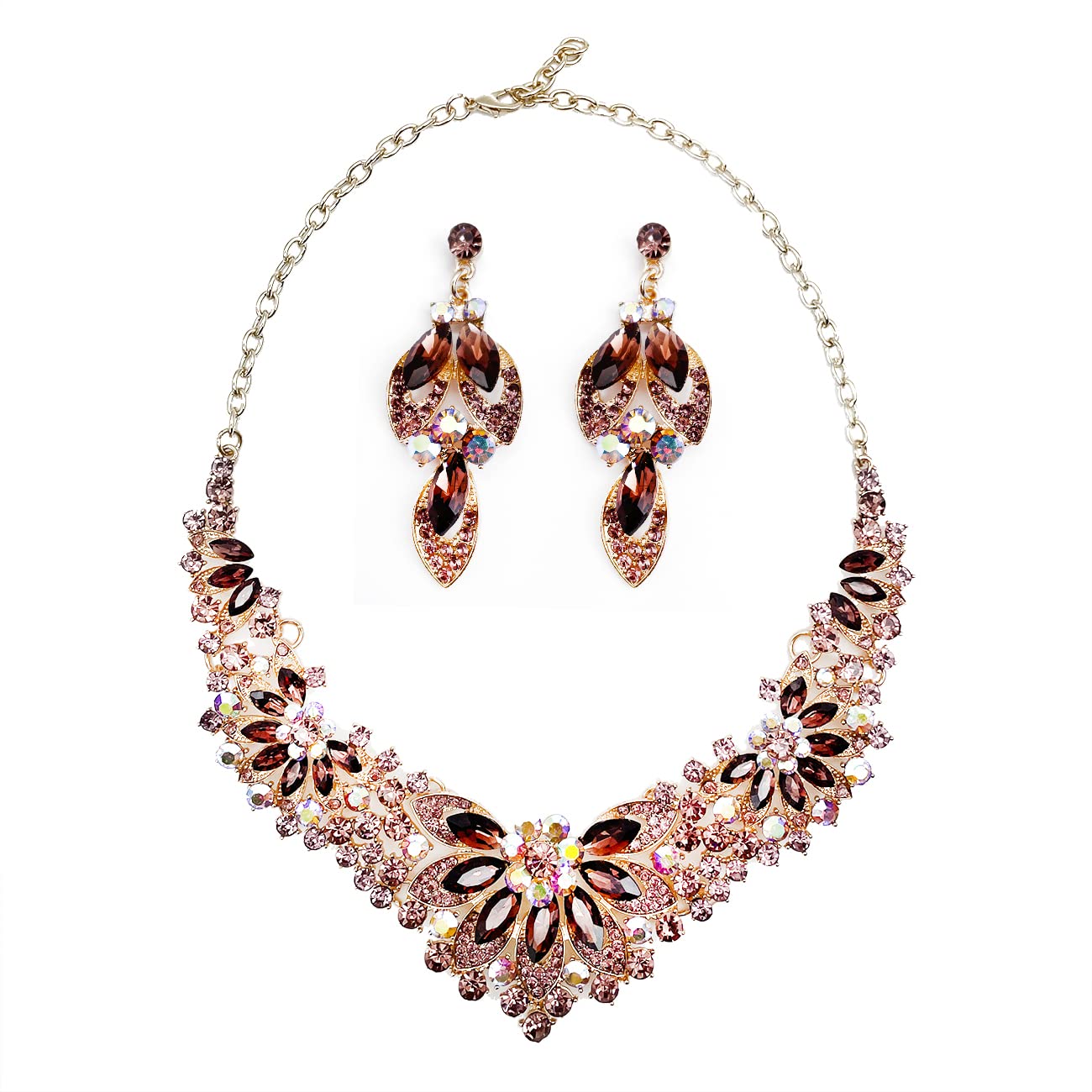 KONFEN Conjunto de Joyas de Boda, Juegos de Joyas Mujer, Cristal Conjunto Pendientes y Collar Mujer, Cristal Flor Hoja Novia Set para Boda Novia Mujeres y Niñas (Verde/Blanco/Morado/Rojo/Champán Oro)