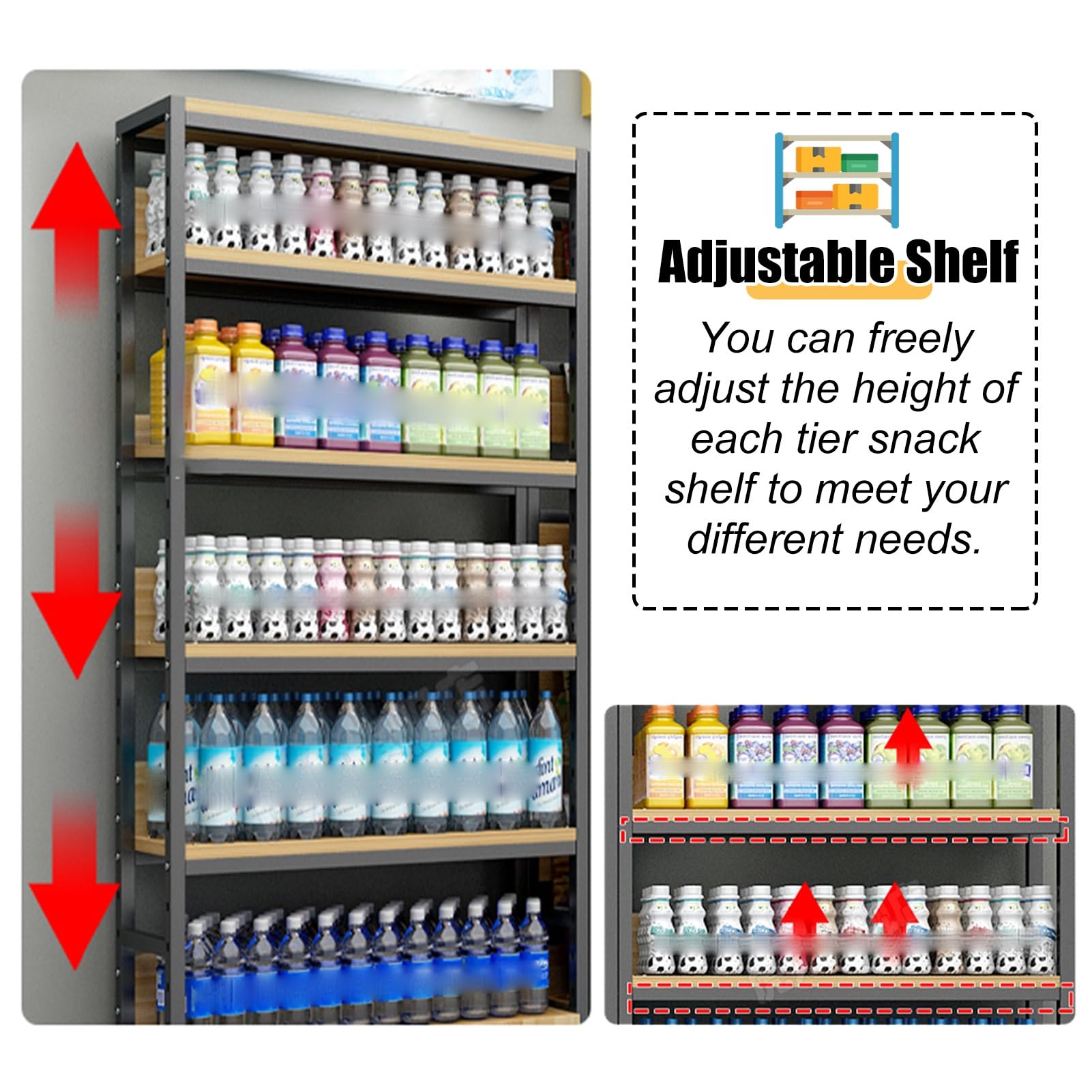 Estanteria Tablero de Madera de Acero para Refrigerios de 5 Niveles, Organizador de Snacks Independiente para Empresas, Soporte de Almacenamiento de Snacks para Supermercado/Cocina/Cine