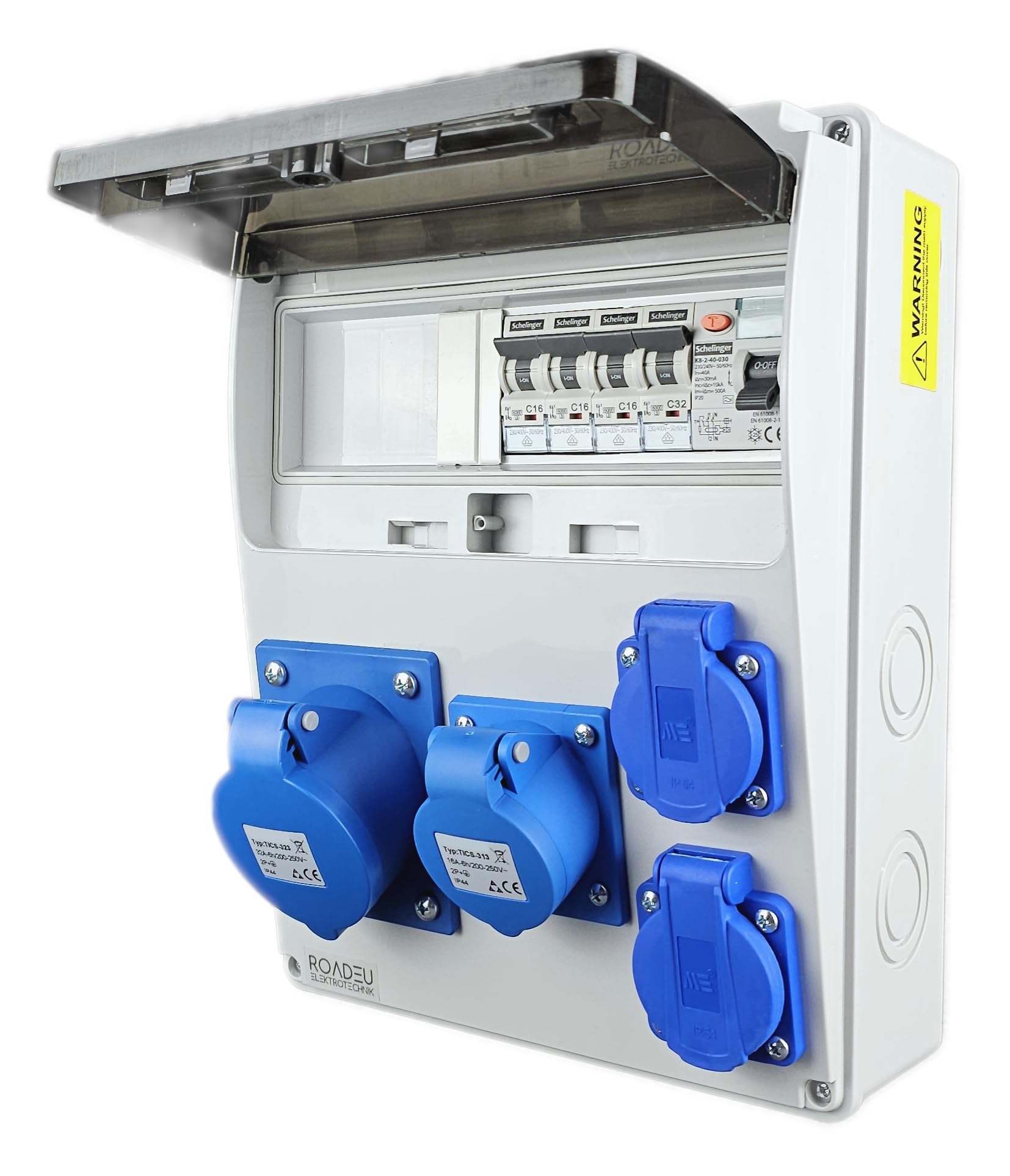 RoadEu | Cuadro Eléctrico Monofásico IP44 | Caja de Distribución Precableada con Interruptor Diferencial FI & Magnetotérmicos | 1x Toma CEE 32A, 1x CEE 16A & 2x Tomas 230V