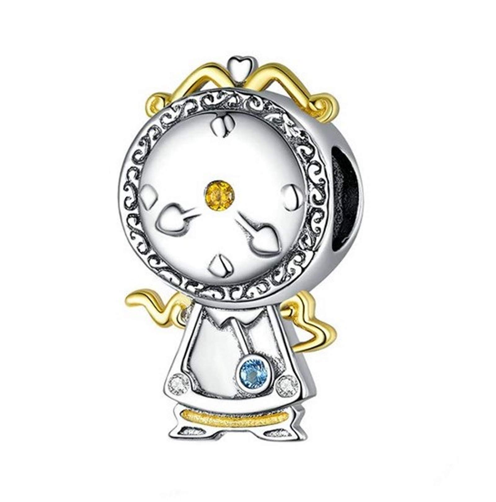 Jewelled Beauty and the Beast Magic Clock Solid Sterling Silver Bead, Charm or Pendant - Compatible with all European style Charm Bracelets, Chains and Necklaces.