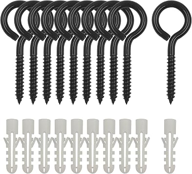 10 Pack 3.2 Inches Screw Eyes, Stainless Steel Heavy Duty Eye Bolts, Self Tapping Screws Long Eye Screws Hooks for Securing Cables Wire, Hammock Stand,Indoor Outdoor Use, Black