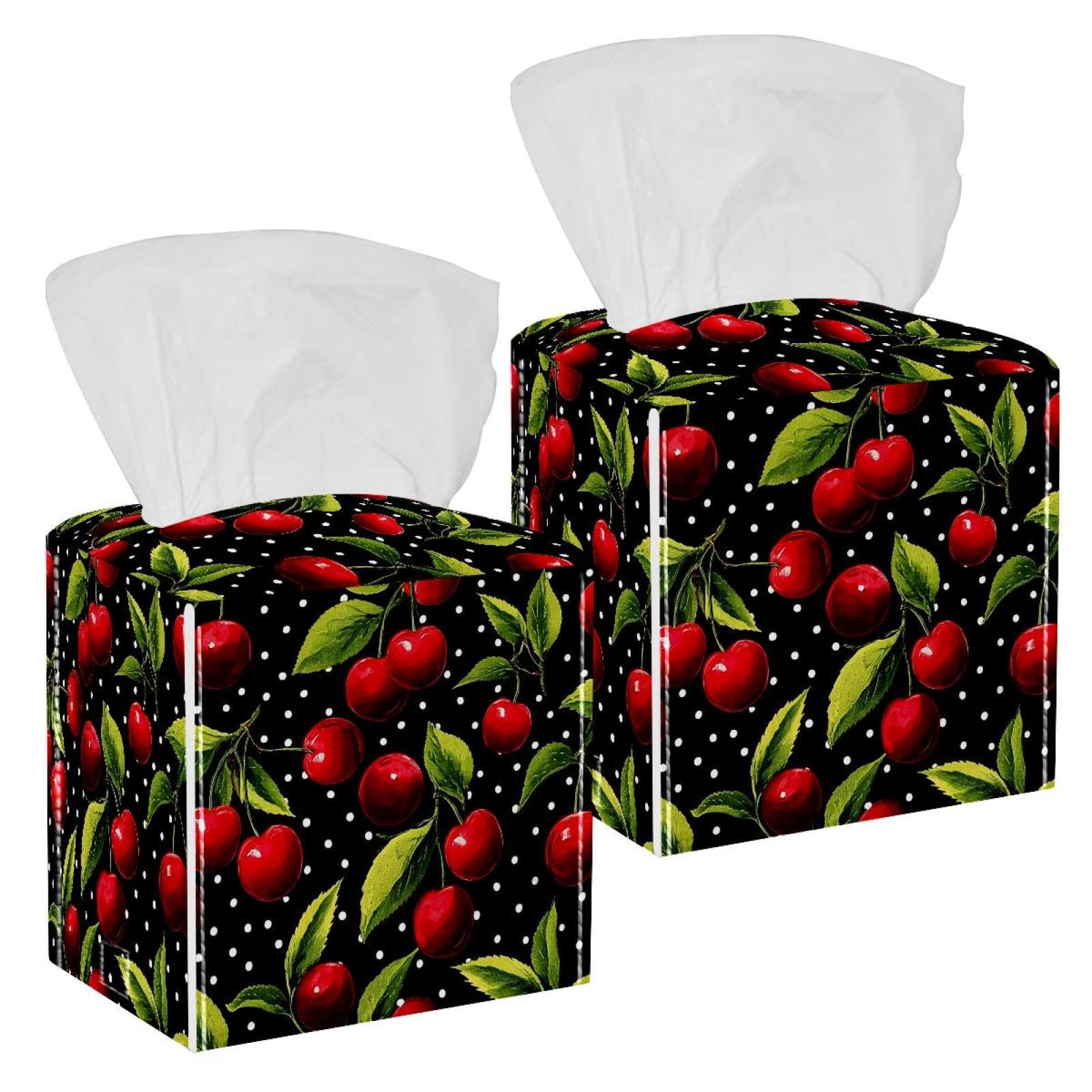 Spotted Cherry Tissue Box Cover Square,Waterproof Foldable Tissue Box Holder Waterproof Leather Facial Paper Organizer Dispenser for Bathroom Home Car Nightstand Vanity