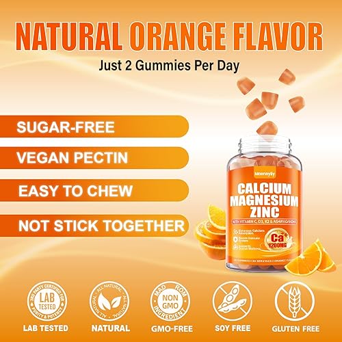 Miniatura 6 de Gomitas de calcio de 1200 mg con vitamina D3 para adultos, citrato de calcio con vitamina D3 K2, magnesio, zinc, boro, cobre y ashwagandha,