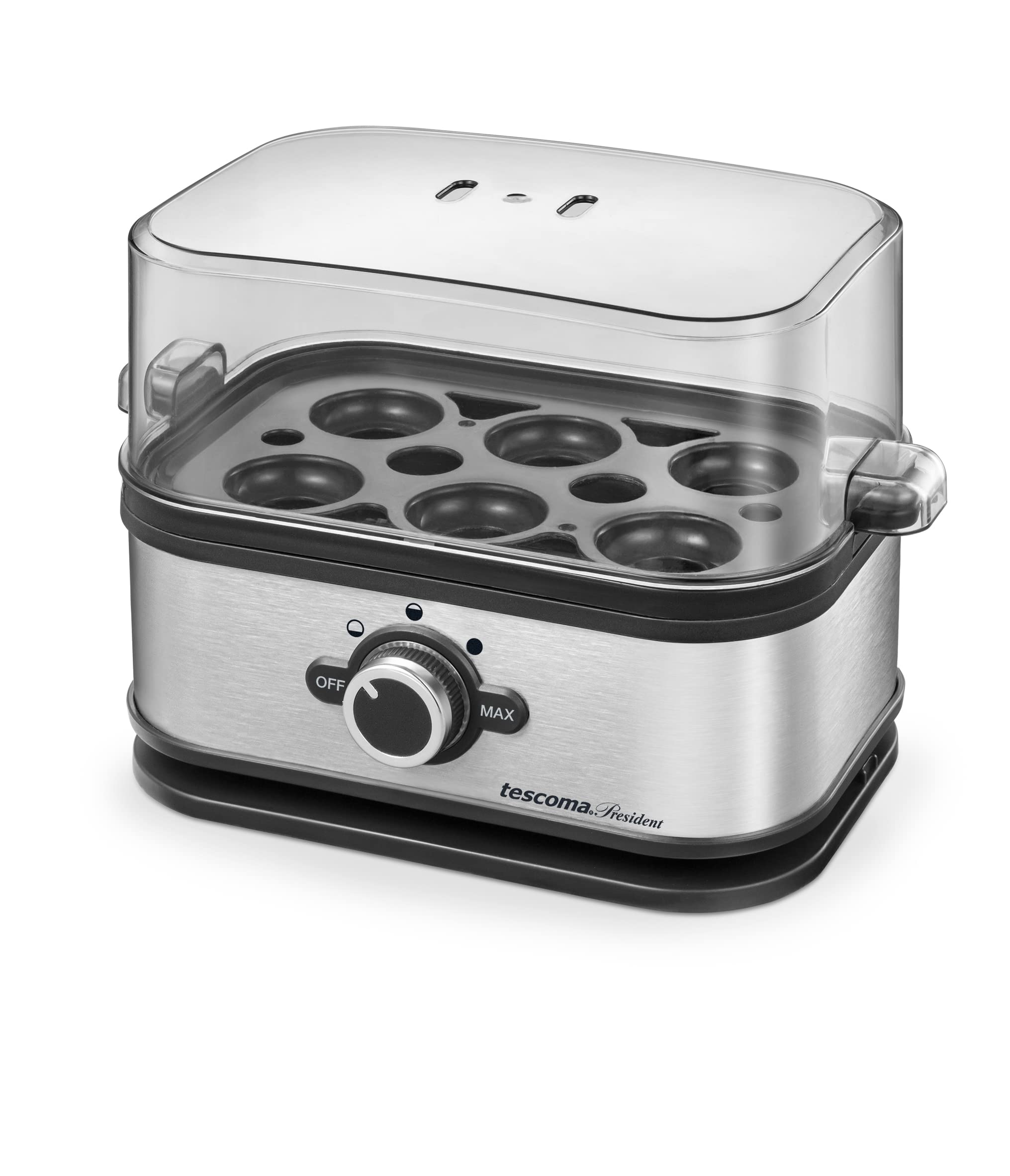 Tescoma 909100 Cuociuova elettrico per 6 uova, 3 programmi di cottura, acciaio inossidabile, linea President