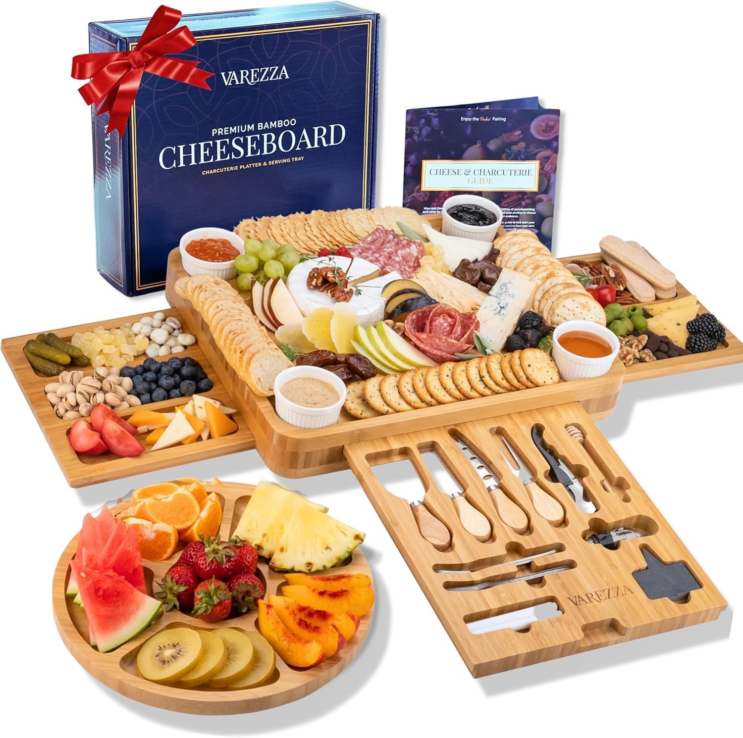 Cheese Board, Unique Bamboo, Elegant Charcuterie and Wine Board with a Tray,Wine