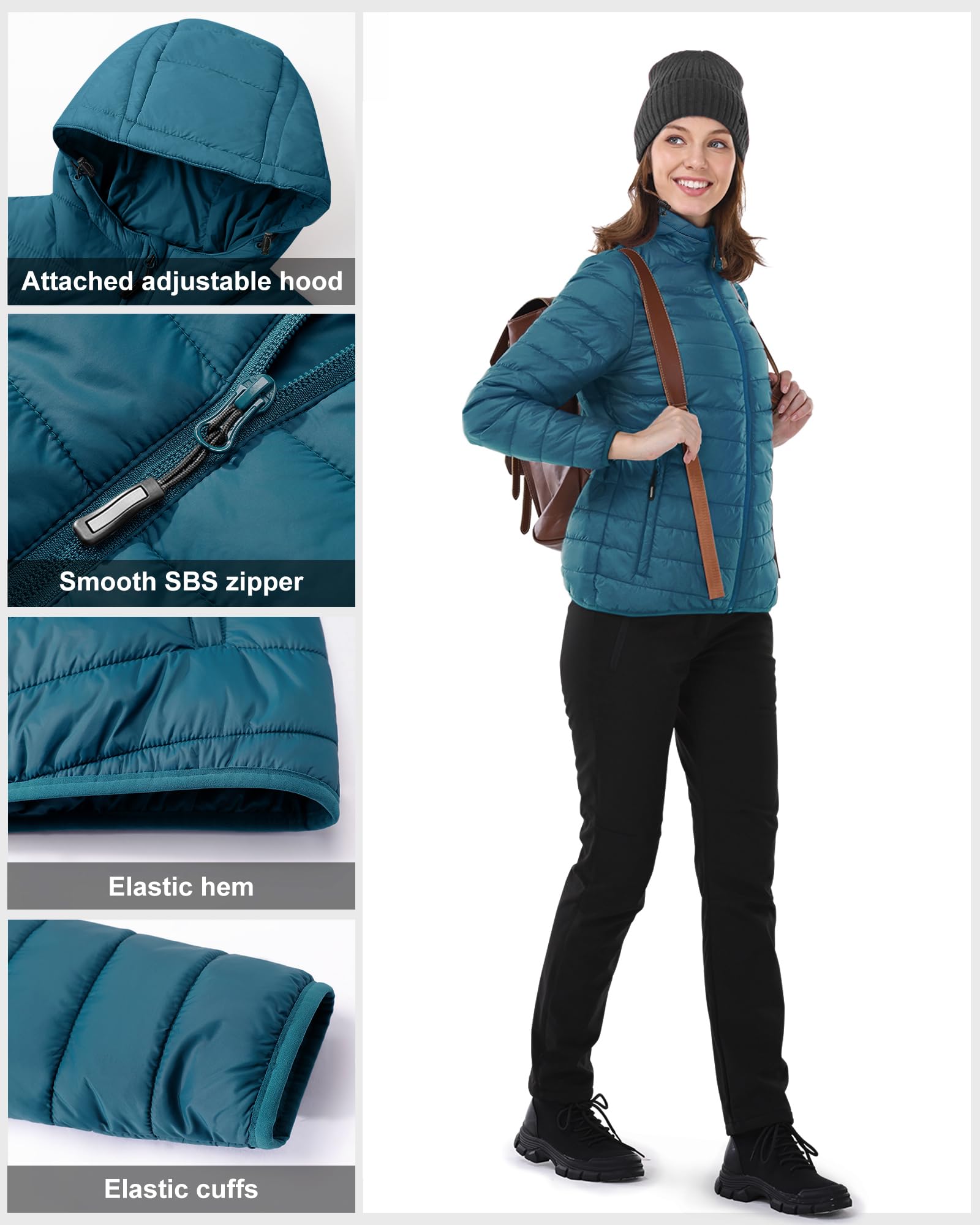 Outdoor Ventures Veste matelassée légère et pliable pour femme - Veste d'hiver chaude avec capuche - Doublée avec poches - Pour les loisirs, la randonnée, les voyages