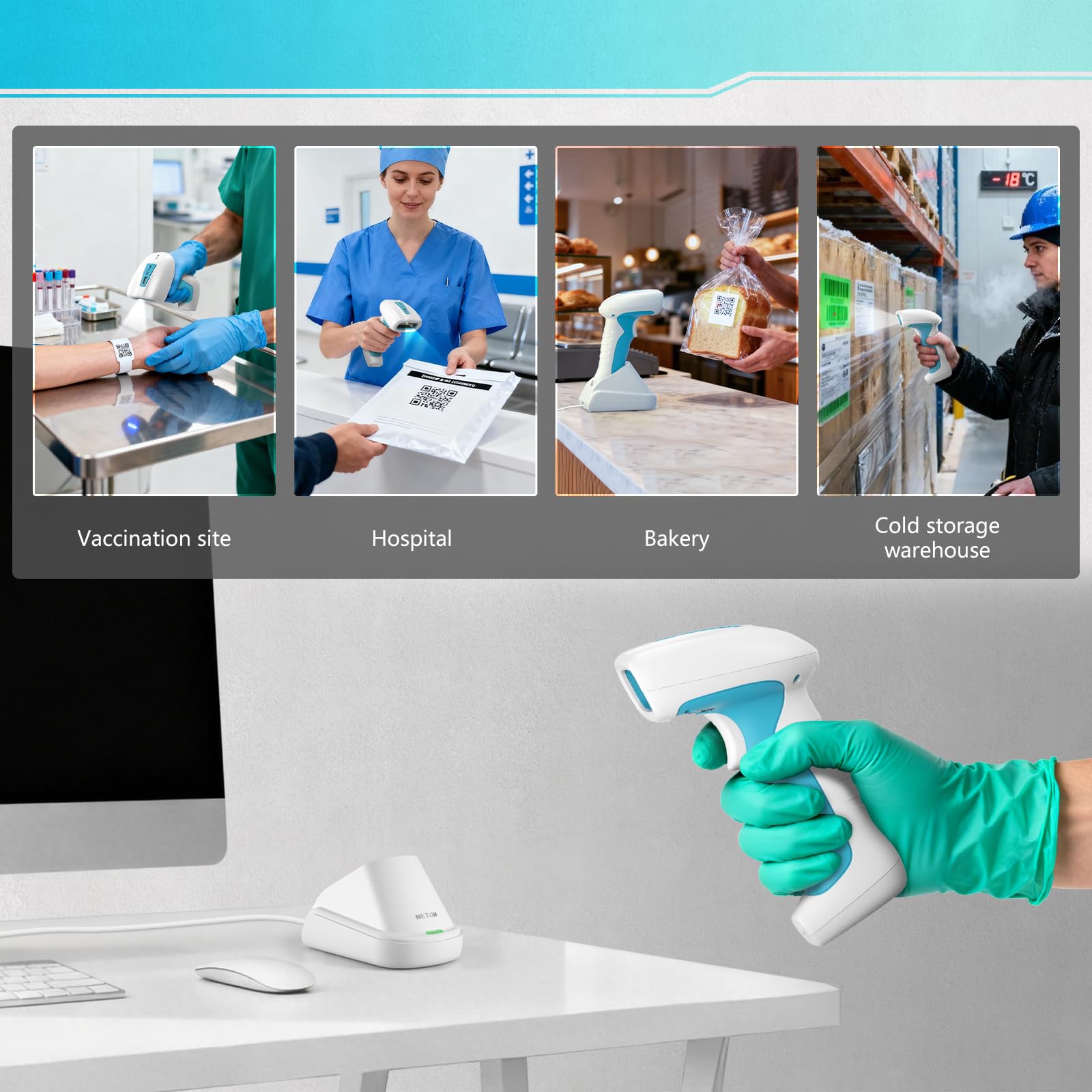 NETUM RD-1962 Scanner Barcode 1D/2D Wireless Blu-Bianco Antimicrobico, Sensore CMOS 1280×800, 2.4G + Bluetooth, Design IP67 Resistente, Modalità Hands-Free per Cliniche e Ospedali