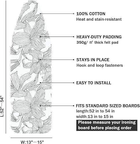 Miniatura 8 de Funda para tabla de planchar y almohadilla de tamaño estándar de 15 x 54 pulgadas, 3 pares de correas de cierre de velcro, bordes elásticos,