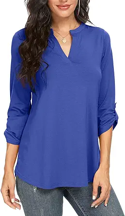 NILOUFO Womens Casual Summer Shirt Notch V Neck 3/4 Sleeve