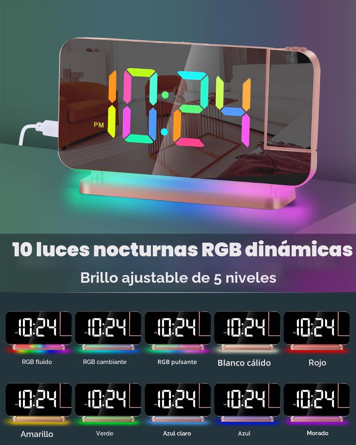 SZELAM Reloj despertador con proyección LED de 7,4 pulgadas, con proyección en la pared del techo, con luz nocturna RGB, puerto de carga USB C, atenuación automática, reloj de escritorio moderno para