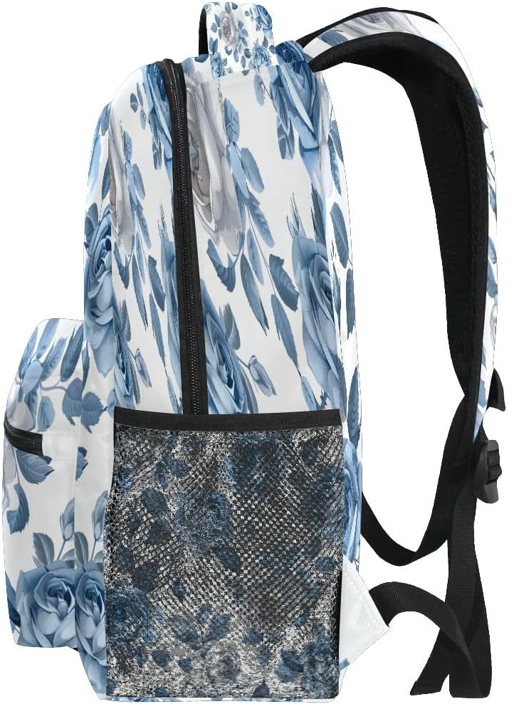 senya Blue White Rose Backpack School Bag Travel Daypack for Boys Girls
