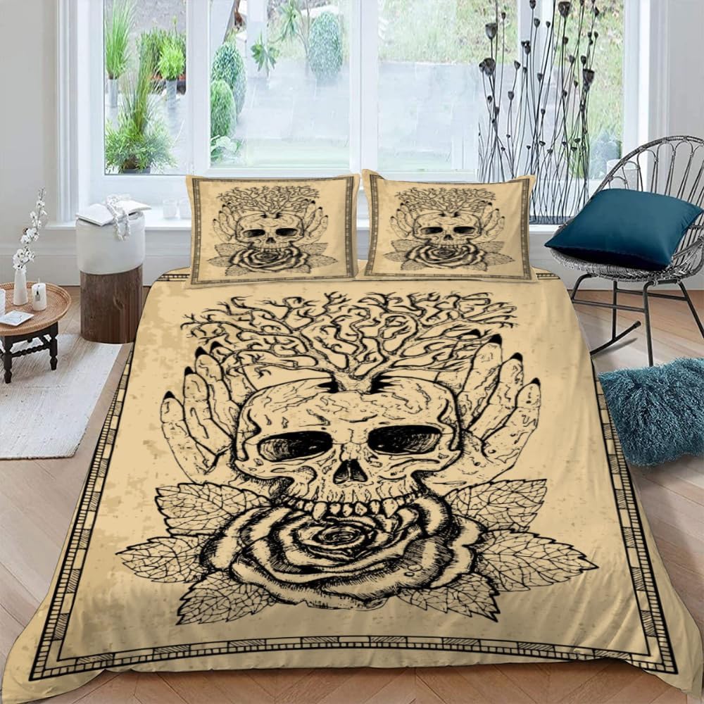 Housse de couette 240x220 fleur crâne pour chambre ado tendance