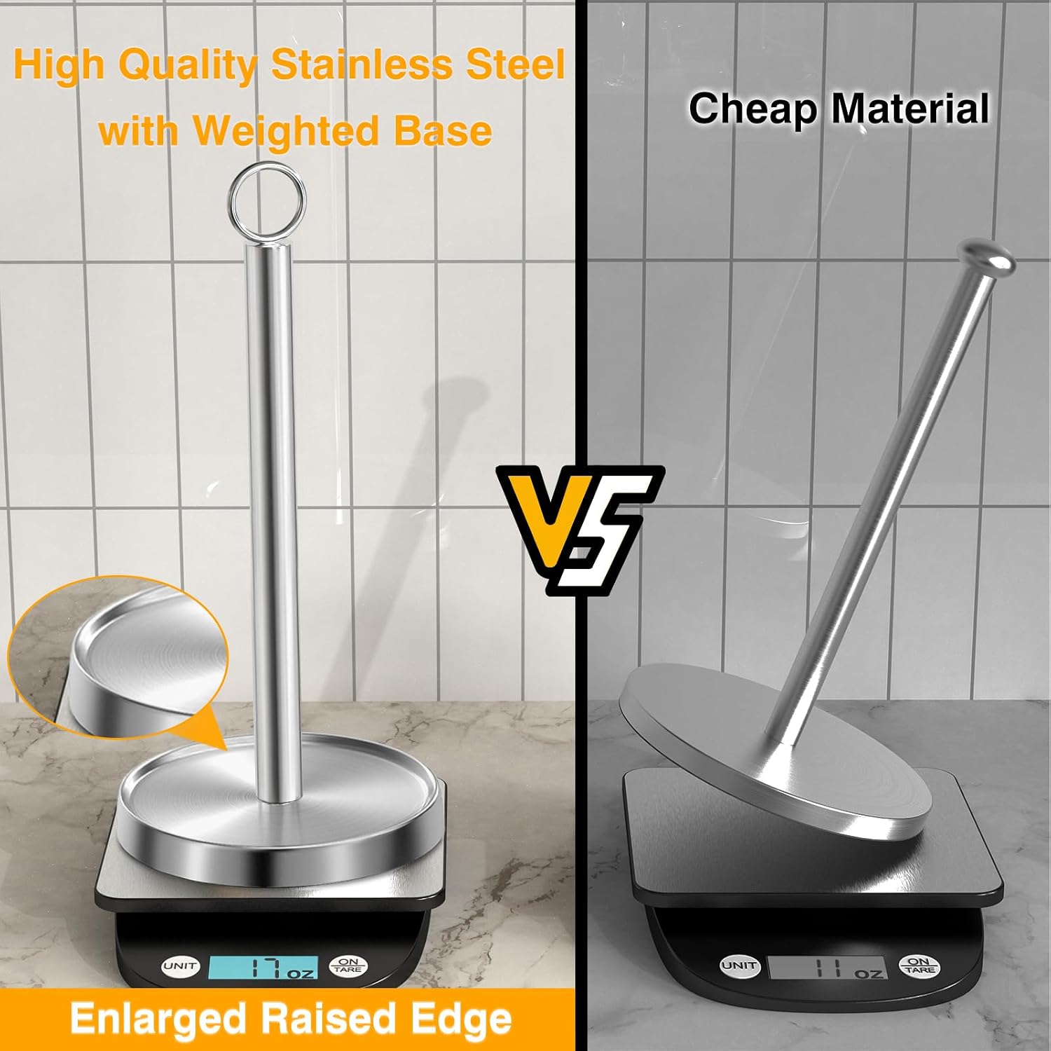 Paper Towel Holder Countertop, Stainless Steel, Weighted Non-Slip Base, Fits Standard and Jumbo Rolls, Freestanding Paper Towel Stand for Kitchen Bathroom Decor, Silver
