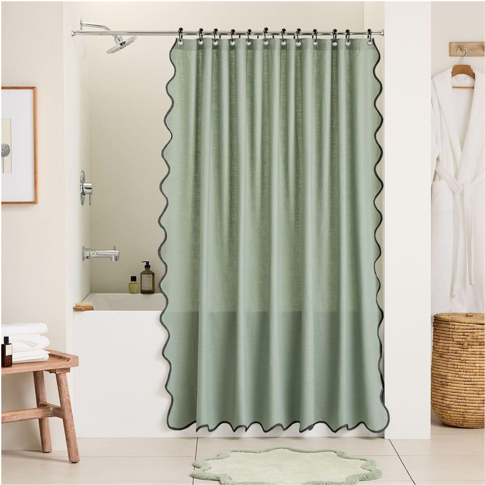 Linen Shower Curtain With Scalloped Edge,Waterproof Bathroom Curtains