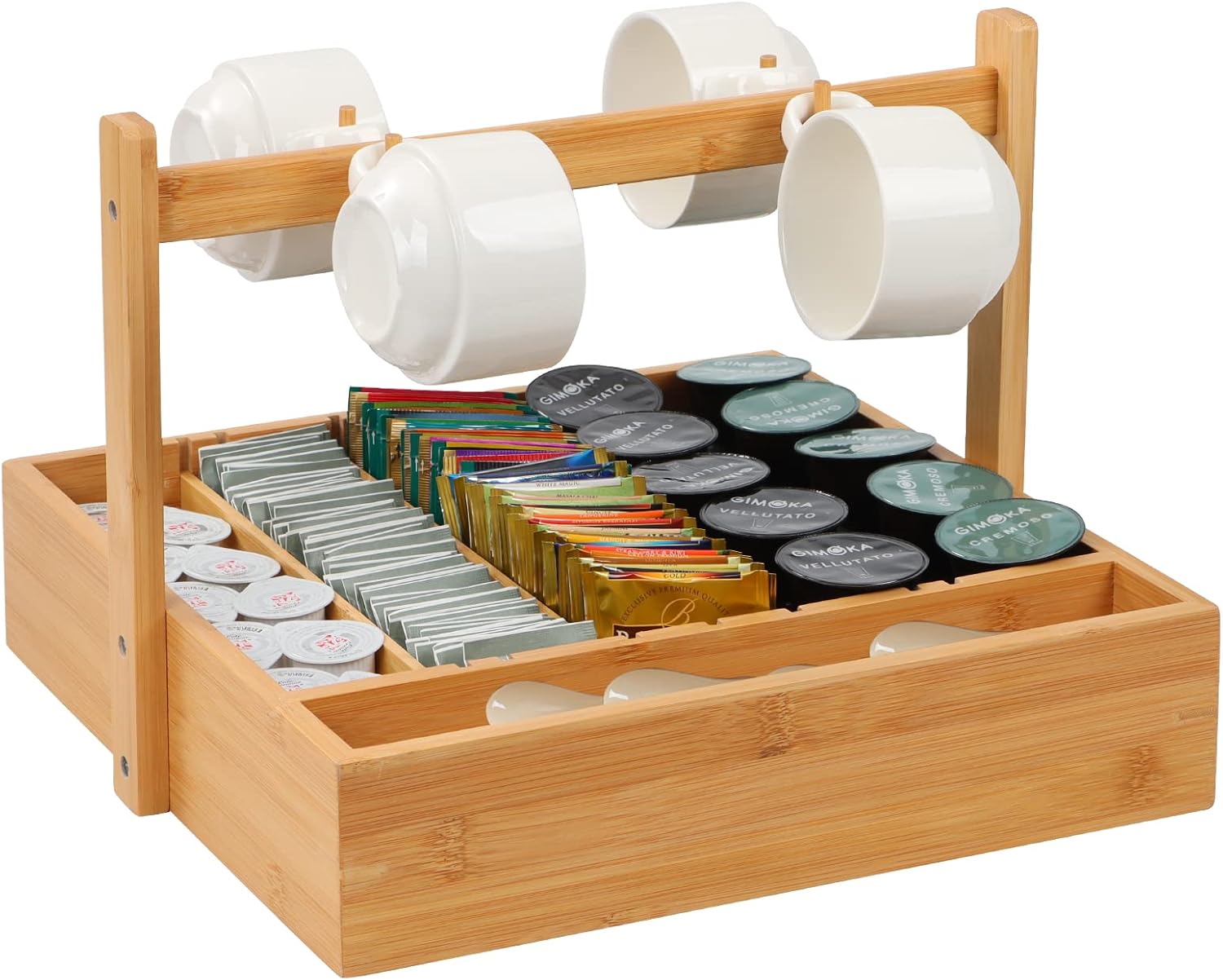 MinBoo Bamboo Coffee Pod Holder with 4 Mug Holder & Stirrers Storage Lattice 23- 36 Capacity k Cup Holder Tea Organizer Home or Office Kitchen Counter Coffee Station Organizer : Home & Kitchen