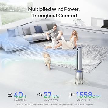 DREO MC710S Air Purifier Tower Fan, 45 2-in-1 Smart Fan for Bedroom | 27 ft/s Powerful Airflow, 120Oscillating, 25dB Quiet, 24H Timer Bladeless Fans for Home, Standing Fan Works with Alexa