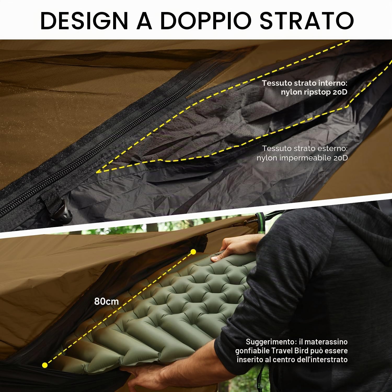 Skynest Amaca 11Ft con Rete e Telo Antipioggia, Hammock Tenda da Campeggio 4 In 1, Amache Portatile Ultraleggera a Doppio Strato con Corda di Colmo per Campeggio e Attività All'aperto