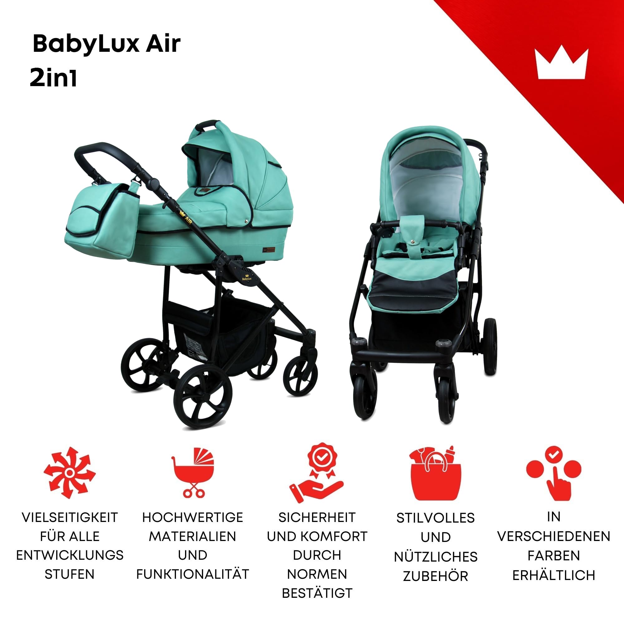 BabyLux® Zestaw wózków dziecięcych 2 w 1 – Air – Sage – w zestawie wanienka dla niemowląt, fotelik sportowy Buggy – zestaw wózków dziecięcych – wózek dziecięcy kombi z torbą do przewijania, ochroną