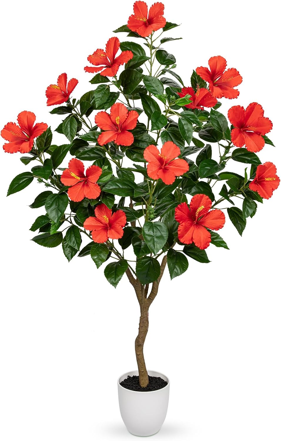 Briful Artificial Hibiscus Tree 4.13ft Tall Real Touch Fake Tree with Red Flowers Potted Faux Plant Indoor Realistic Floor Plants for Front Porch Outdoor Home, Patio Decor